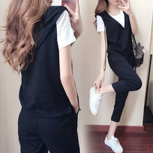 画像をギャラリービューアに読み込む, 白Tシャツ&フード付きベスト&カジュアルパンツ3点セットアップ