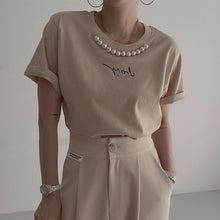 画像をギャラリービューアに読み込む, シンプルコーデアルファペットプリントビーズ付きTシャツトップス