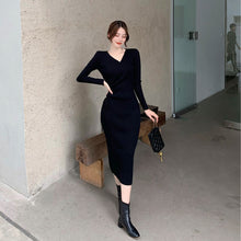 画像をギャラリービューアに読み込む, 2カラー選択無地気質Vネック長袖ファッションニットロングデートワンピース