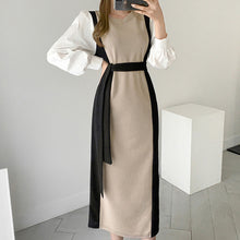 画像をギャラリービューアに読み込む, 韓国初秋フランス系ラウンドネック配色パフスリーブロングニットワンピース
