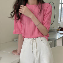 画像をギャラリービューアに読み込む, 多カラー選択ストライプ無地半袖ニットシンプルTシャツコーデしやすい