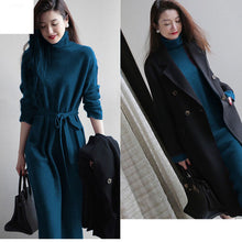 画像をギャラリービューアに読み込む, 優しい雰囲気無地ハイネックリボン気質よいニットロングワンピース