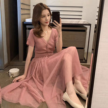 画像をギャラリービューアに読み込む, ニット切り替え半袖後ろボウタイメッシュスカートデートワンピース