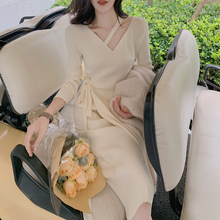 画像をギャラリービューアに読み込む, INSファッションエレガント女性Vネック気質デザインスタイル長袖ロングニットワンピース