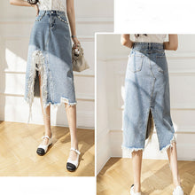 画像をギャラリービューアに読み込む, ダメージデザイン不規則ビーズ付きスリットデニムスカートボトムス