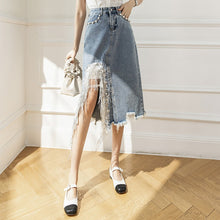 画像をギャラリービューアに読み込む, ダメージデザイン不規則ビーズ付きスリットデニムスカートボトムス