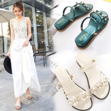 画像をギャラリービューアに読み込む, ビーズ付き花柄ローヒールサンダル履き心地よいシューズ