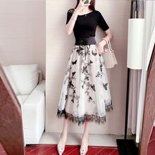 画像をギャラリービューアに読み込む, メッシュ切り替え半袖トップス&レース切り替え蝶チュールスカートセットアップ