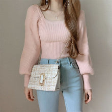 画像をギャラリービューアに読み込む, 韓国風スウィート無地4カラーランタンスリーブスクエアネックニットトップス