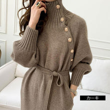 画像をギャラリービューアに読み込む, 3カラー選択無地フリー長袖ゆったり着痩せ効果ニットレトロデザインスタイルカジュアルワンピース