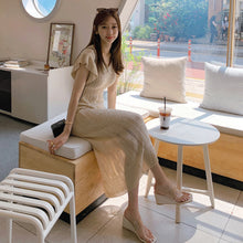 画像をギャラリービューアに読み込む, 優しい雰囲気フレンチ袖ハイウエストロングニットデートワンピース&無地スリップワンピースセットアップ