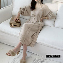 画像をギャラリービューアに読み込む, 3カラー選択無地フリー長袖ゆったり着痩せ効果ニットレトロデザインスタイルカジュアルワンピース