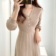 画像をギャラリービューアに読み込む, 3カラー韓国風気質よいエレガントⅤネックスリム着瘦せフリルギャザーニットワンピース