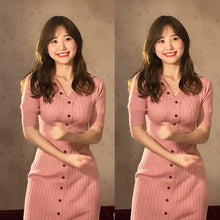 画像をギャラリービューアに読み込む, 【長袖追加】4カラー選択ニットボタン付きフリル裾エレガントワンピース