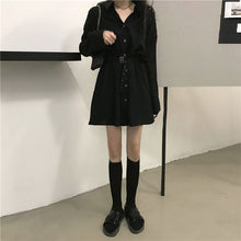 画像をギャラリービューアに読み込む, ファッションブラック無地気質Vネック長袖ゆったり着痩せ効果デートワンピース