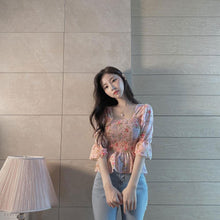 画像をギャラリービューアに読み込む, ギャザーストレッチシフォン花柄シャツ