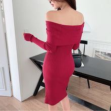 画像をギャラリービューアに読み込む, 優しい雰囲気気質ファッション長袖無地合わせやすいニットオフショルダーデートワンピース