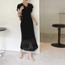 画像をギャラリービューアに読み込む, 優しい雰囲気フレンチ袖ハイウエストロングニットデートワンピース&無地スリップワンピースセットアップ