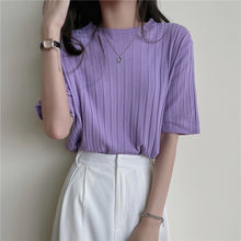 画像をギャラリービューアに読み込む, 多カラー選択ストライプ無地半袖ニットシンプルTシャツコーデしやすい