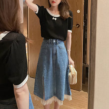 画像をギャラリービューアに読み込む, ブルー無地気質ネットヤーン切り替えスリットカジュアルコーデしやすいAラインスカート