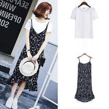 画像をギャラリービューアに読み込む, 無地半袖Tシャツ・ブラウストップス&不規則シフォン小柄花柄サスペンダーワンピースセットアップ