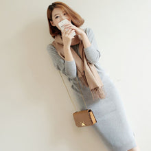 画像をギャラリービューアに読み込む, 3COLORSシンプル無地ラウンドネックニットトップス&スリットロングスカートセットアップ