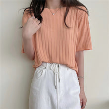 画像をギャラリービューアに読み込む, 多カラー選択ストライプ無地半袖ニットシンプルTシャツコーデしやすい