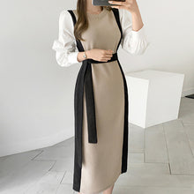 画像をギャラリービューアに読み込む, 韓国初秋フランス系ラウンドネック配色パフスリーブロングニットワンピース