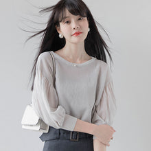画像をギャラリービューアに読み込む, ニットパフスリーブシースルー半袖ブラウストップス