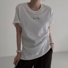 画像をギャラリービューアに読み込む, シンプルコーデアルファペットプリントビーズ付きTシャツトップス