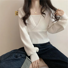 画像をギャラリービューアに読み込む, 5カラー選択無地気質Vネック長袖切り替え着痩せ効果カジュアルコーデしやすいニットトップス