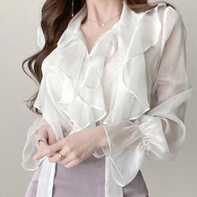 画像をギャラリービューアに読み込む, フレア裾フラウンススリーブシースルーブラウスシャツトップス