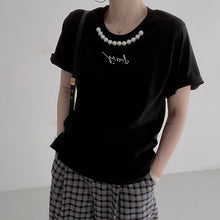 画像をギャラリービューアに読み込む, シンプルコーデアルファペットプリントビーズ付きTシャツトップス