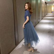 画像をギャラリービューアに読み込む, ニット切り替え半袖後ろボウタイメッシュスカートデートワンピース