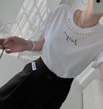 画像をギャラリービューアに読み込む, シンプルコーデアルファペットプリントビーズ付きTシャツトップス