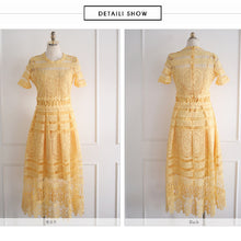 画像をギャラリービューアに読み込む, レース透かし彫りイエロー無地半袖デートワンピース優雅ワンピースエレガントドレスパーティー