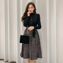 画像をギャラリービューアに読み込む, 好感度UP気質よいスリム配色千鳥格子ニット大振裾ワンピース