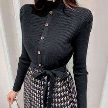 画像をギャラリービューアに読み込む, 好感度UP気質よいスリム配色千鳥格子ニット大振裾ワンピース
