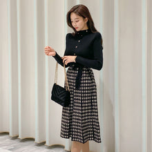画像をギャラリービューアに読み込む, 好感度UP気質よいスリム配色千鳥格子ニット大振裾ワンピース