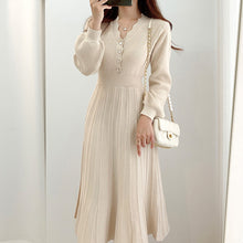 画像をギャラリービューアに読み込む, 3カラー韓国風気質よいエレガントⅤネックスリム着瘦せフリルギャザーニットワンピース