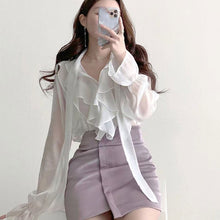 画像をギャラリービューアに読み込む, フレア裾フラウンススリーブシースルーブラウスシャツトップス