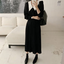 画像をギャラリービューアに読み込む, 秋ヘプバーン風黒白配色着痩せ折り襟プリーツロングワンピース