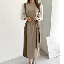 画像をギャラリービューアに読み込む, 韓国初秋フランス系ラウンドネック配色パフスリーブロングニットワンピース