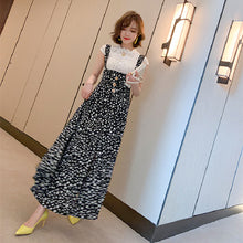 画像をギャラリービューアに読み込む, ホワイトレース透かし彫りブラウス&サスペンダーワンピーストッド柄シフォンワンピースセットアップ