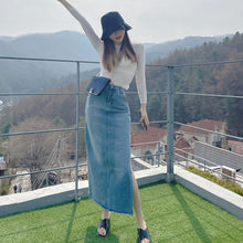 画像をギャラリービューアに読み込む, デニムスリットスカート美脚長脚デニムスカートロングスカート