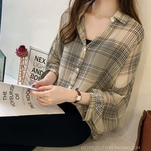 画像をギャラリービューアに読み込む, 人気 長袖シンプル折襟ボタンチェック柄ブラウス