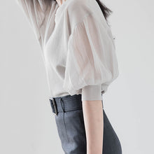 画像をギャラリービューアに読み込む, ニットパフスリーブシースルー半袖ブラウストップス