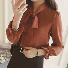 画像をギャラリービューアに読み込む, シフォンちょう結び付きカジュアルコーデしやすいシャツトップス