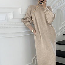 画像をギャラリービューアに読み込む, 3カラー選択無地フリー長袖ゆったり着痩せ効果ニットレトロデザインスタイルカジュアルワンピース