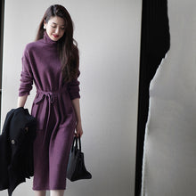 画像をギャラリービューアに読み込む, 優しい雰囲気無地ハイネックリボン気質よいニットロングワンピース